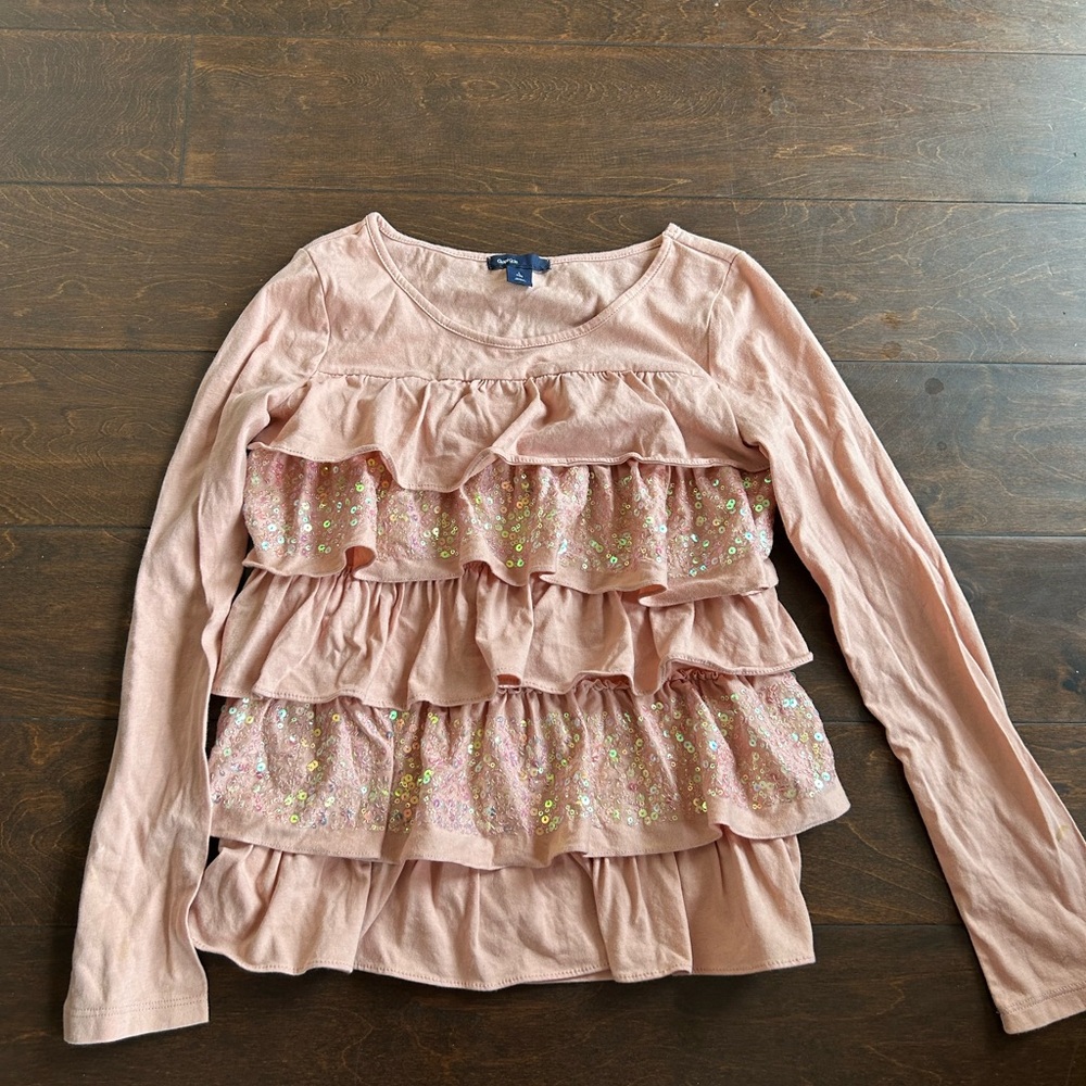 Gapkids Girls Sz L10) Peach Sequined Tiered Top Long Sleeves 4125
